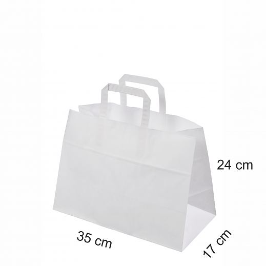 Valkoinen littekahvallinen take away-paperikassi 35x17x24 cm